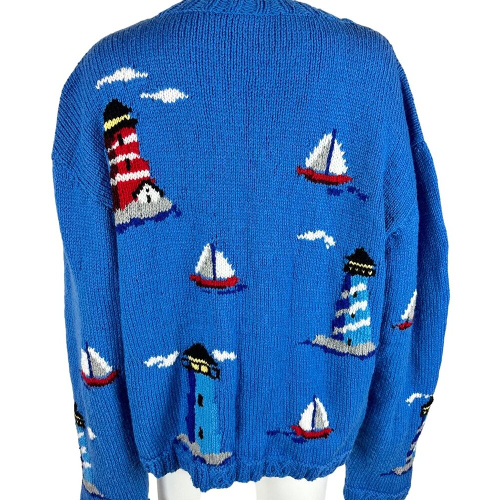 Vintage Lighthouse Cardigan Women's 2X Blue Novelty Nautical Sailboats Handmade - Picture 7 of 12
